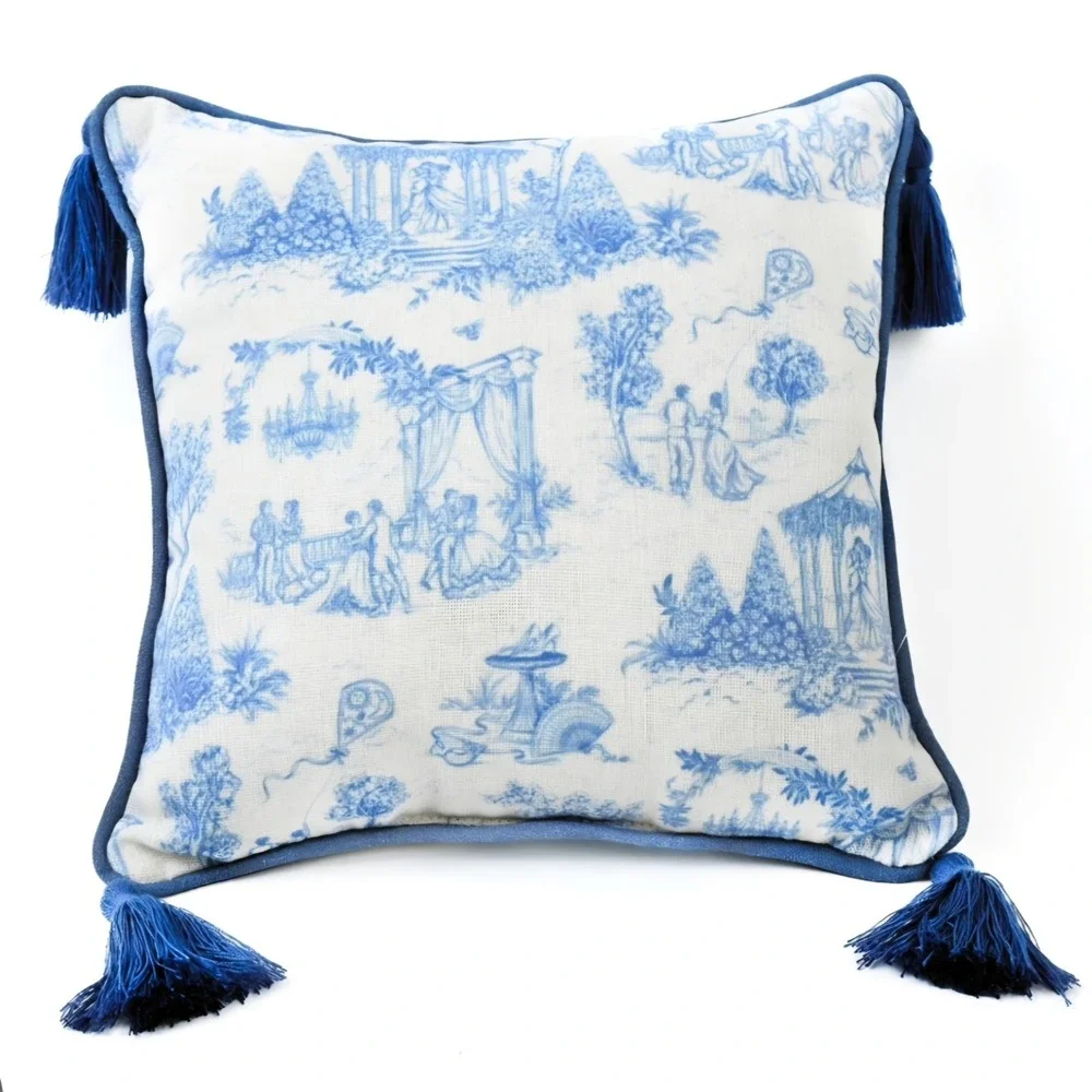 Bridgerton Blue White Toile (1) Book Strap & Garden Tassel (1) Throw Pillow Set